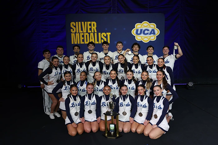 The Washburn University Cheer Team poses for a photo after earning second place. Photo courtesy of Hannah Meier, HNM Photo.s