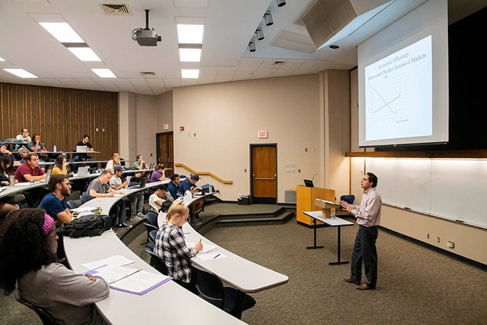 Students listening to their economics professor during class.