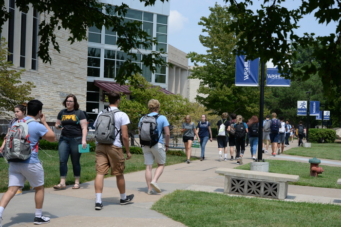 Students walking on Washburn University campus in front of Memorial Union